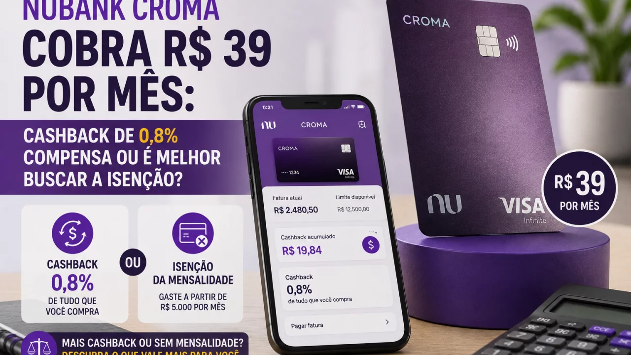 Nubank Croma cobra R$ 39 por mês: cashback de 0,8% compensa ou é melhor buscar a isenção?