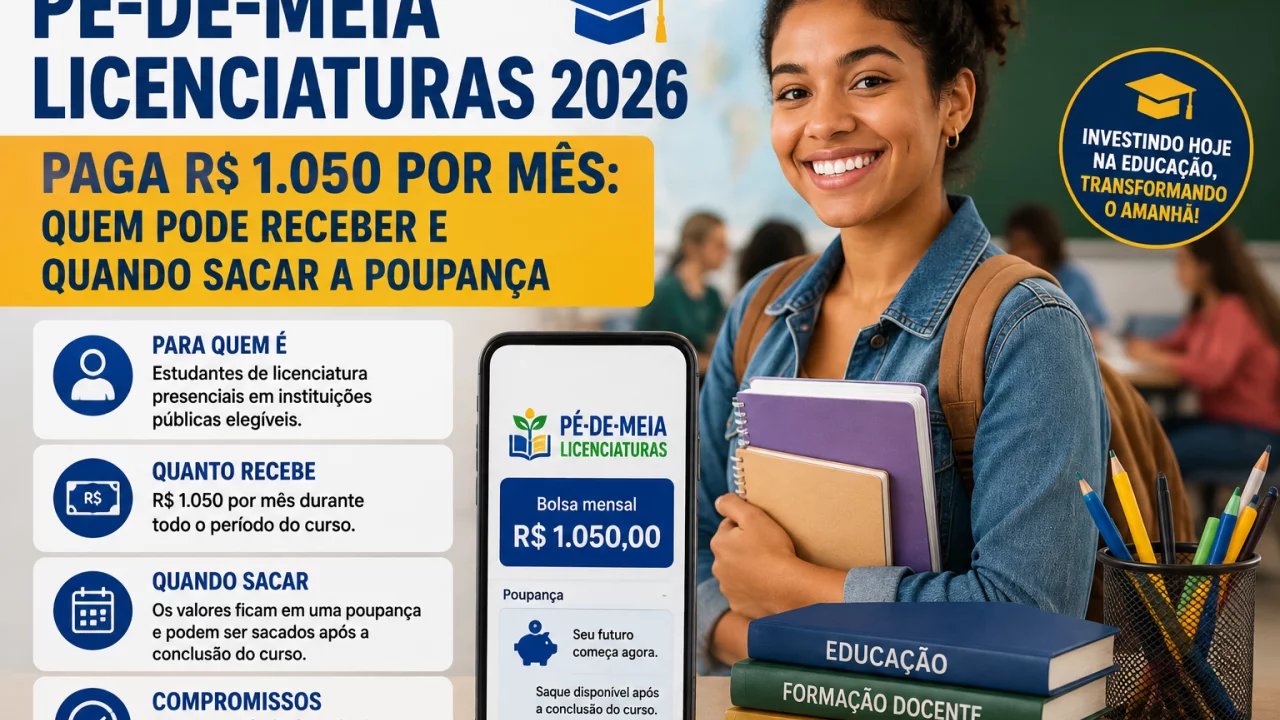 Pé-de-Meia Licenciaturas 2026 paga R$ 1.050 por mês: quem pode receber e quando sacar a poupança