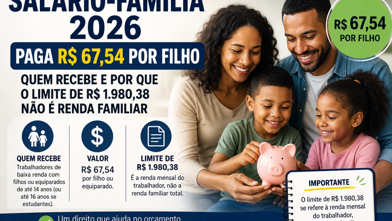 Salário-família 2026 paga R$ 67,54 por filho: quem recebe e por que o limite de R$ 1.980,38 não é re