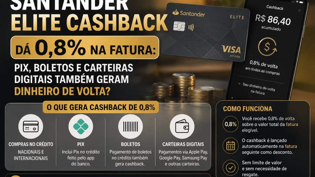 Santander Elite Cashback dá 0,8% na fatura: Pix, boletos e carteiras digitais também geram dinheiro 