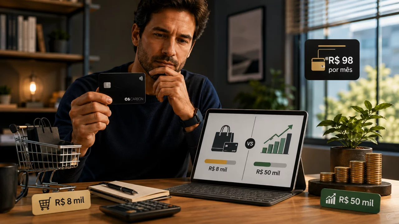 C6 Carbon cobra R$ 98 por mês: gastar R$ 8 mil ou investir R$ 50 mil para zerar a anuidade vale a pe