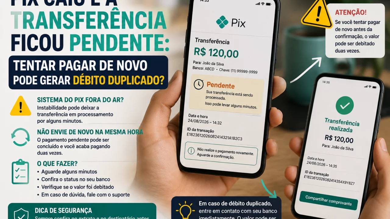 Pix caiu e a transferência ficou pendente: tentar pagar de novo pode gerar débito duplicado?