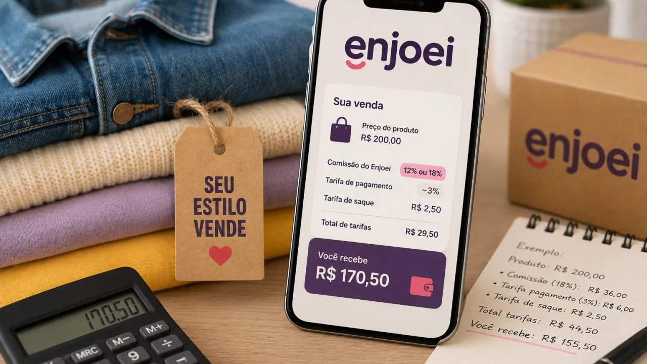 Vender no Enjoei cobra 12% ou 18% de comissão: quanto realmente sobra depois das outras tarifas?