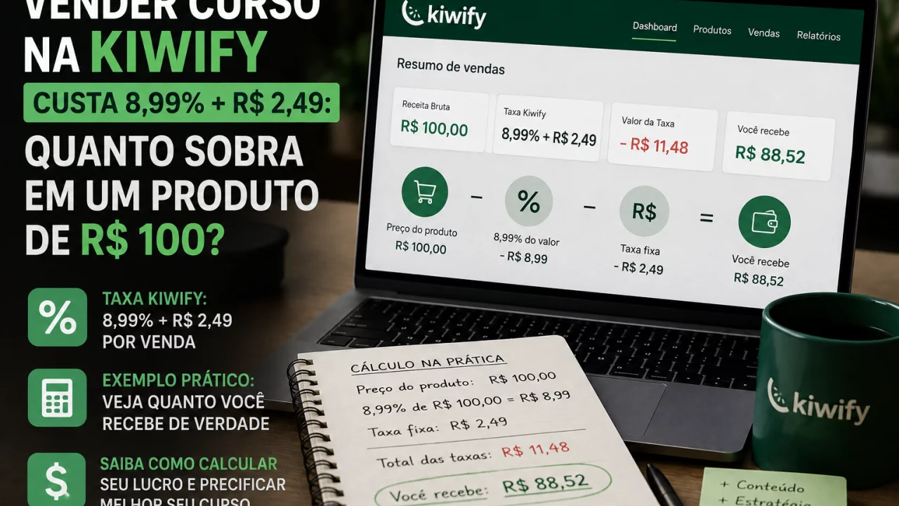 Vender curso na Kiwify custa 8,99% + R$ 2,49: quanto sobra em um produto de R$ 100?