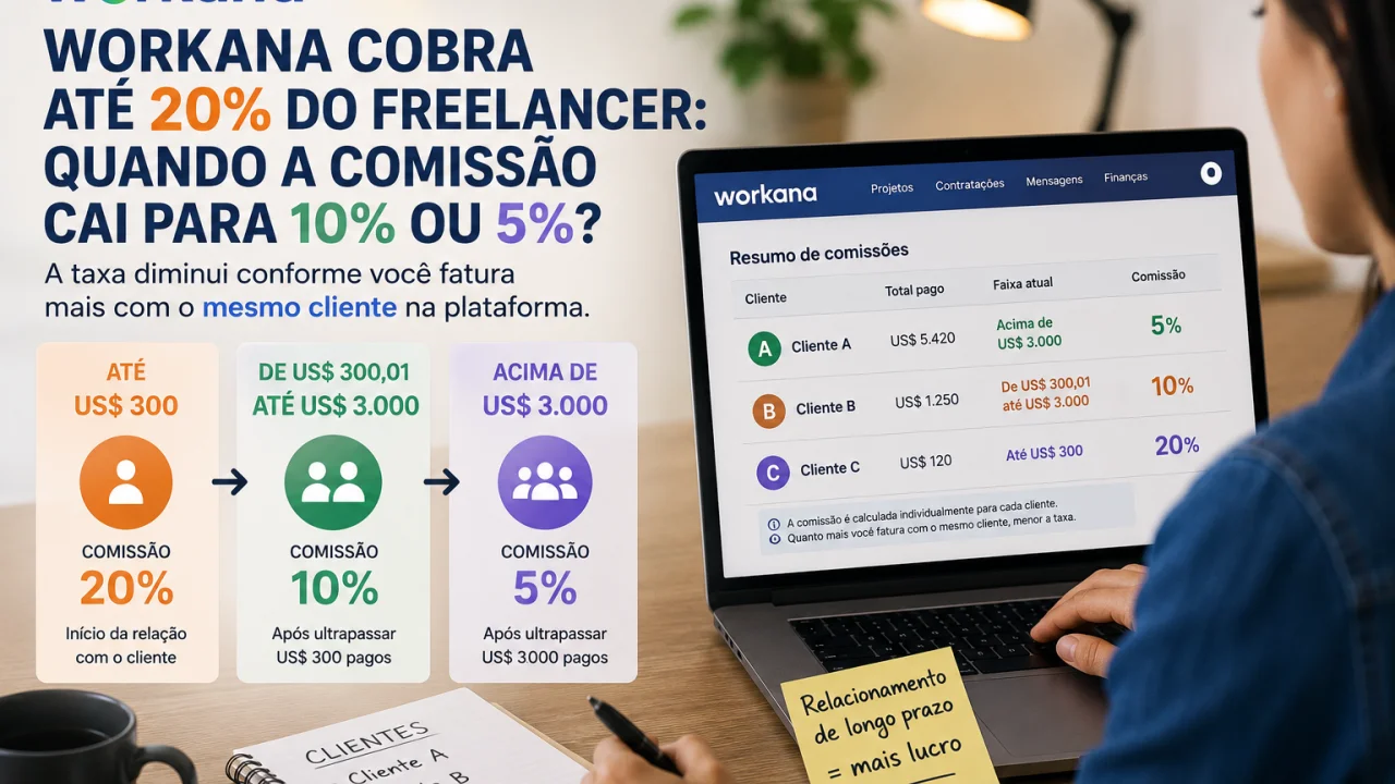 Workana cobra até 20% do freelancer: quando a comissão cai para 10% ou 5%?
