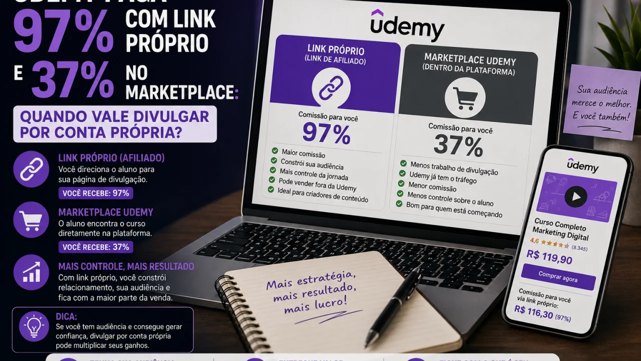 Udemy paga 97% com link próprio e 37% no marketplace: quando vale divulgar por conta própria?