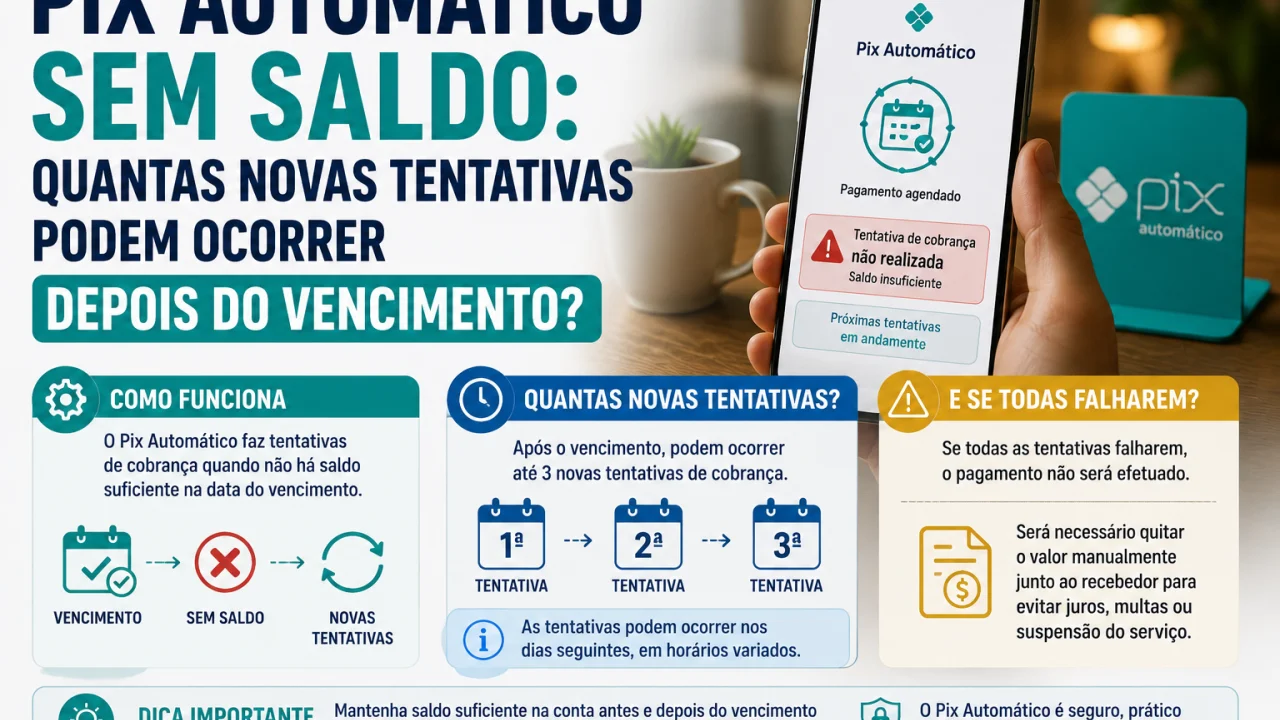 Pix Automático sem saldo: quantas novas tentativas podem ocorrer depois do vencimento?
