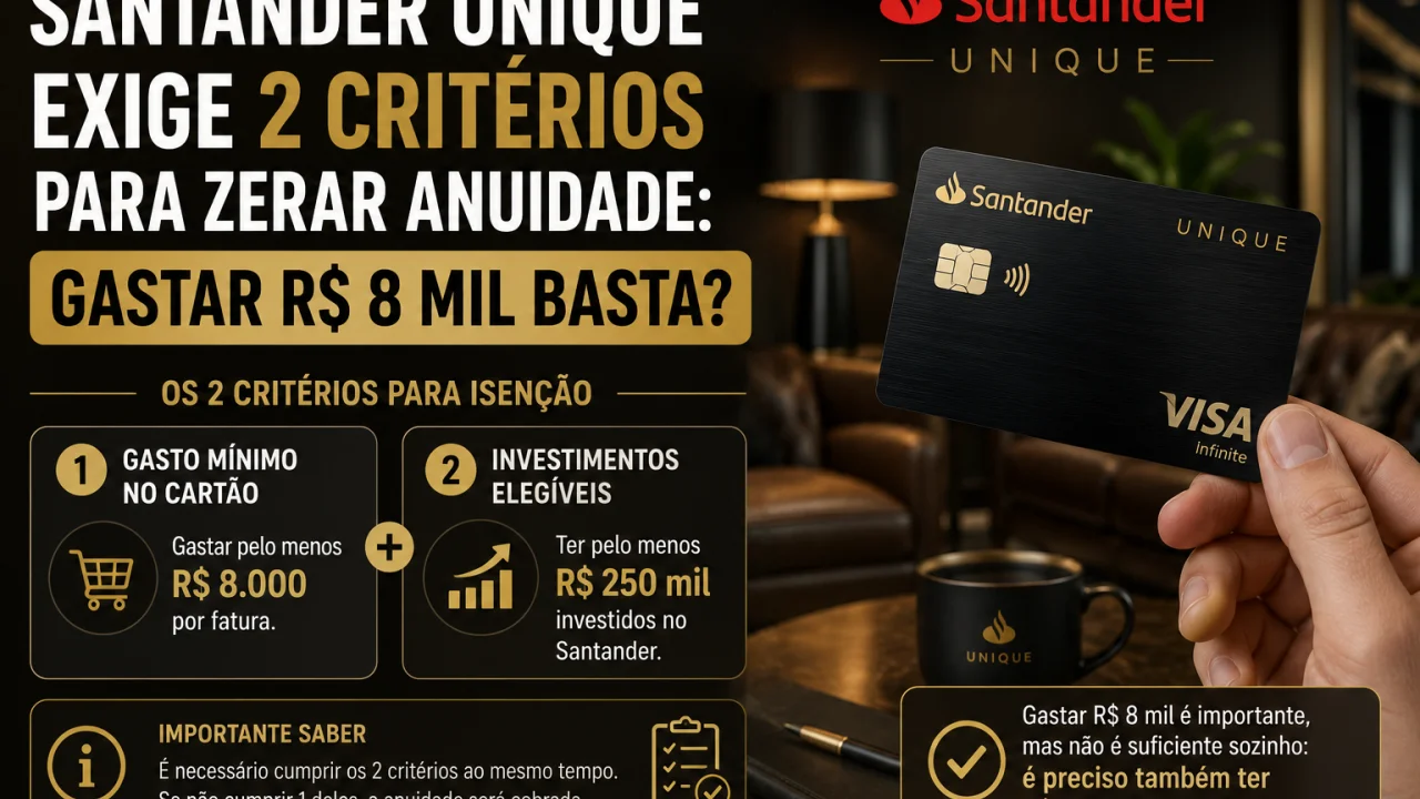 Santander Unique exige 2 critérios para zerar anuidade: gastar R$ 8 mil basta?