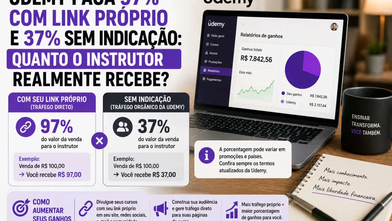 Udemy paga 97% com link próprio e 37% sem indicação: quanto o instrutor realmente recebe?